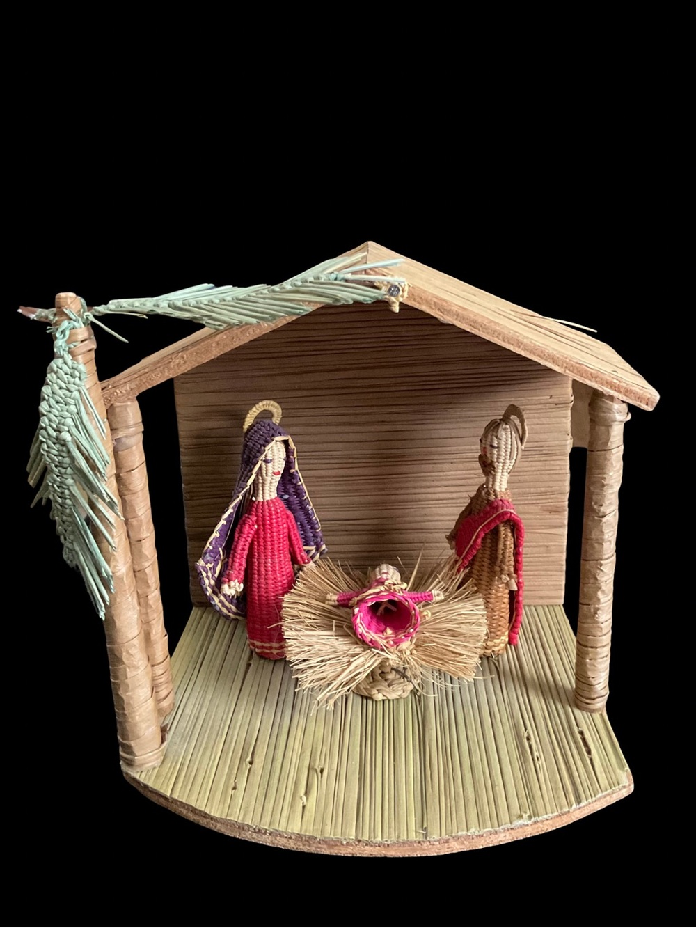 Vintage Handcrafted Woven Straw Nativity Scene in Stable Ecuador 1997 Christmas